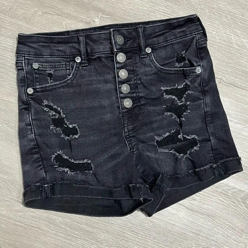America Eagle Super Hi-Rise Distressed Shortie Size 2 Women’s Faded Black - Picture 9 of 13